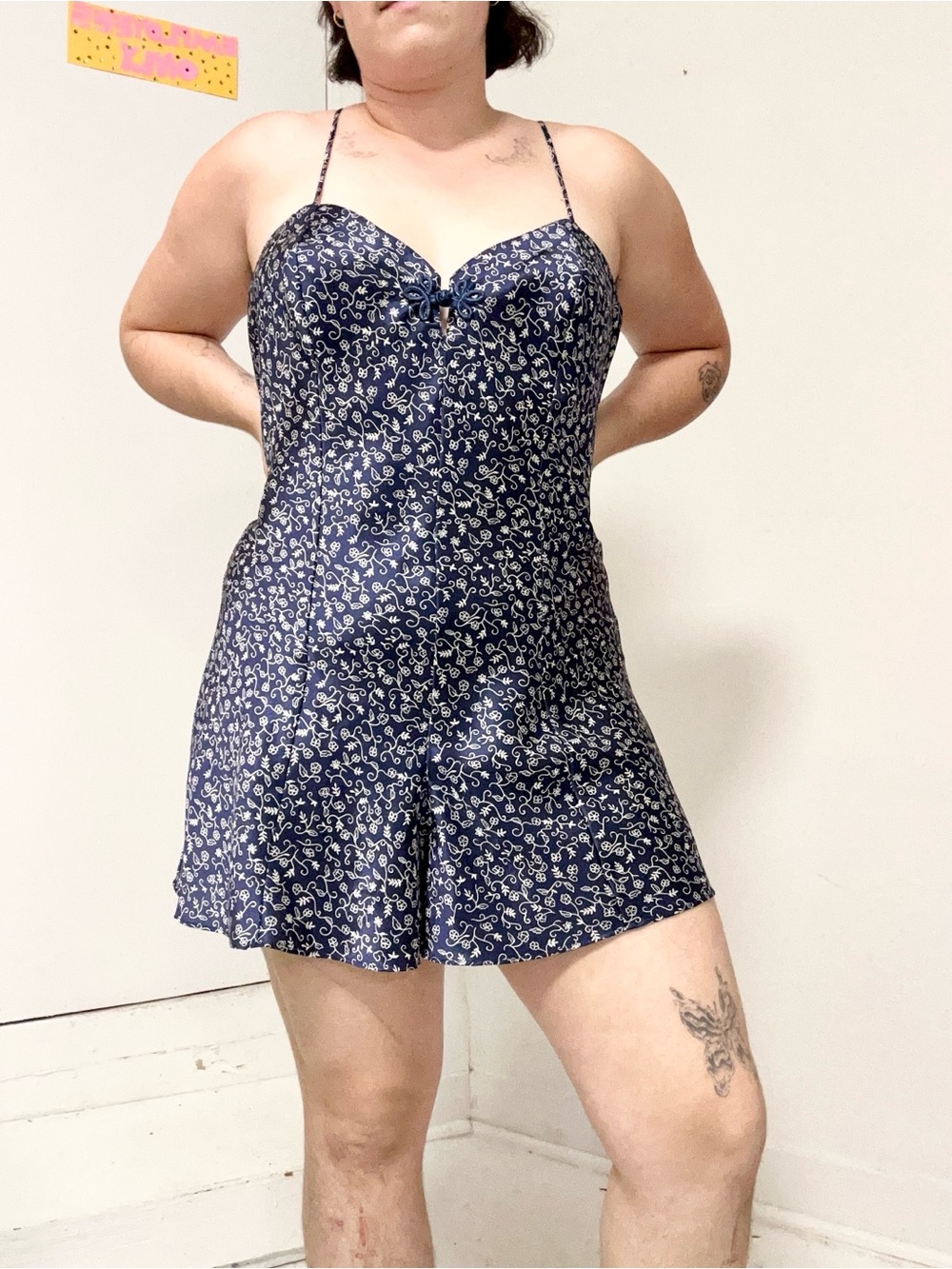 Vintage 90s Navy blue and white paisley print satin slip romper
